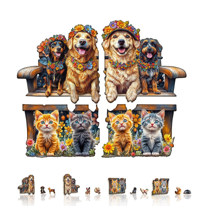 Colorful puzzle featuring happy dogs and cats on a bench, perfect for pet lovers and puzzle enthusiasts.