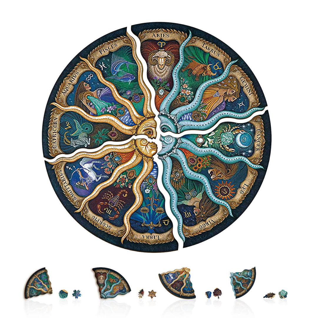 Colorful Zodiac Horoscope jigsaw puzzle pieces featuring astrology signs, perfect for mind games and improving focus.