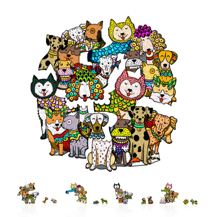 Colorful jigsaw puzzle featuring a variety of playful cartoon dogs and cats, perfect for enriching mind games.