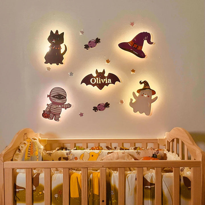 Ensemble de lampe murale en bois personnalisée pour chambre de bébé - Thème Halloween