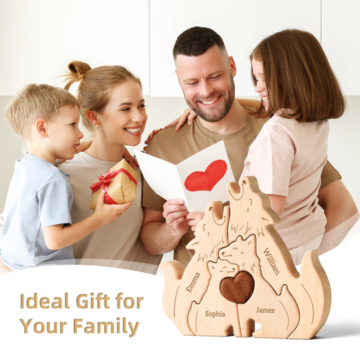 Family enjoying a personalized Wooden Wolf Family Name Puzzle, perfect for birthdays and celebrations.