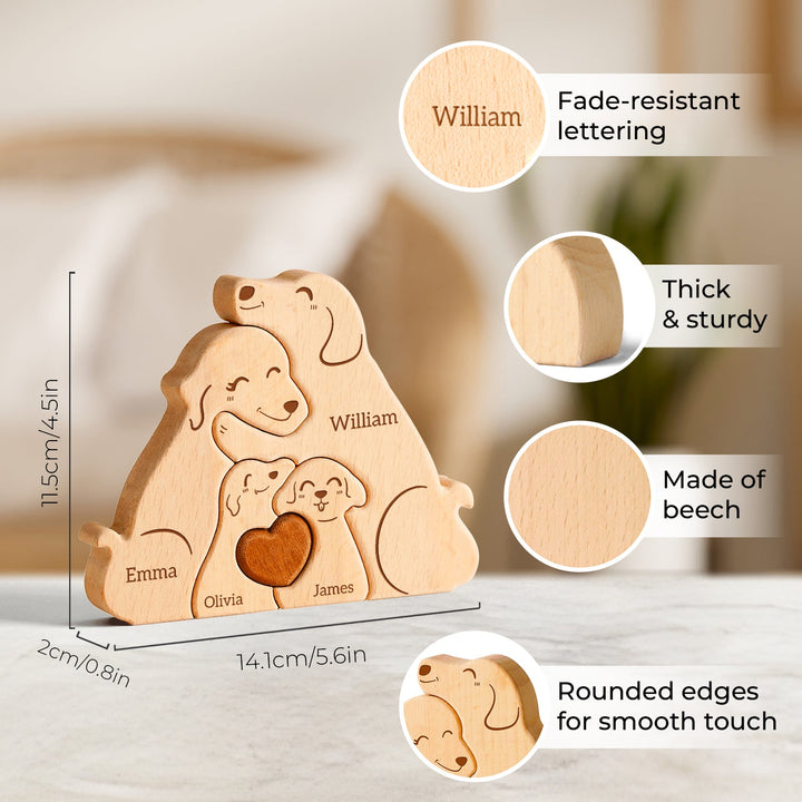 Wooden dog family name puzzle with personalized names, fade-resistant lettering, and thick, sturdy design.