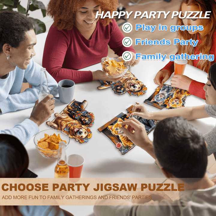 Group of friends enjoying the Party Puzzle-Pets jigsaw puzzle during a fun gathering with snacks and drinks.