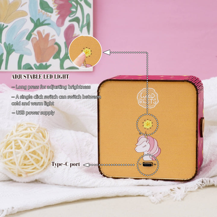 3D wooden puzzle night light features adjustable LED light and USB Type-C port for easy power supply.