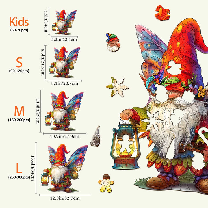 Christmas Gnome Wooden Jigsaw Puzzle sizes: Kids, S, M, L with dimensions and piece counts for puzzle enthusiasts.
