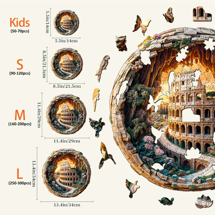 3D Colosseum wooden jigsaw puzzle size options: Kids, S, M, L with piece counts and dimensions displayed.