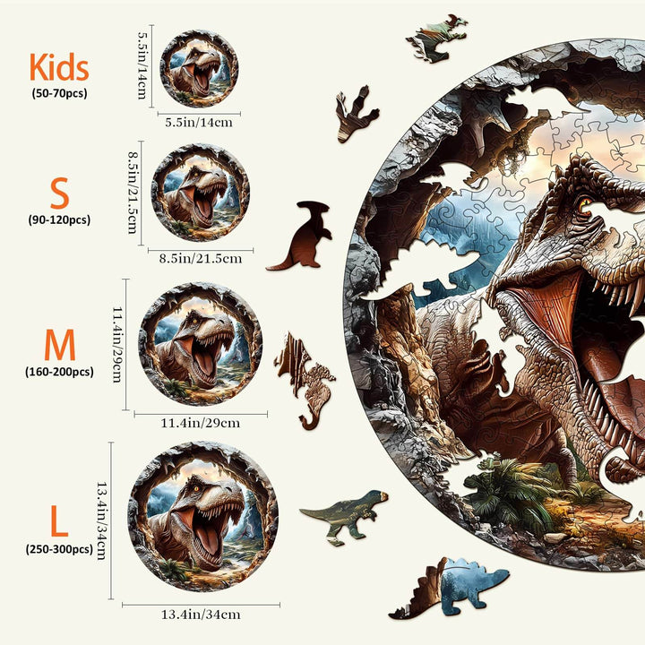 3D T-Rex wooden jigsaw puzzle sizes, including Kids, S, M, and L options, featuring a detailed dinosaur image.