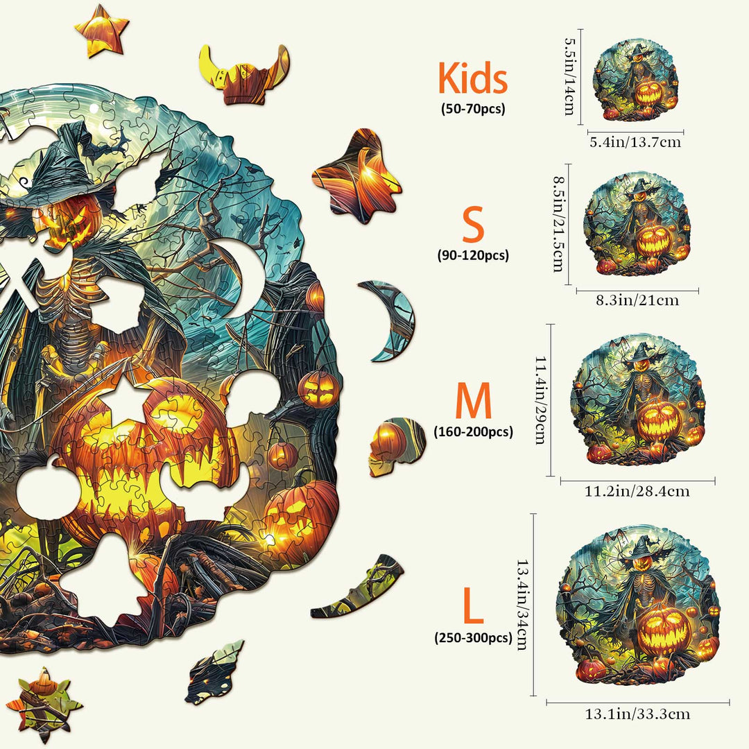 Illustration of Halloween Wooden Jigsaw Puzzle pieces in various sizes, featuring a spooky scene with pumpkins and a witch.