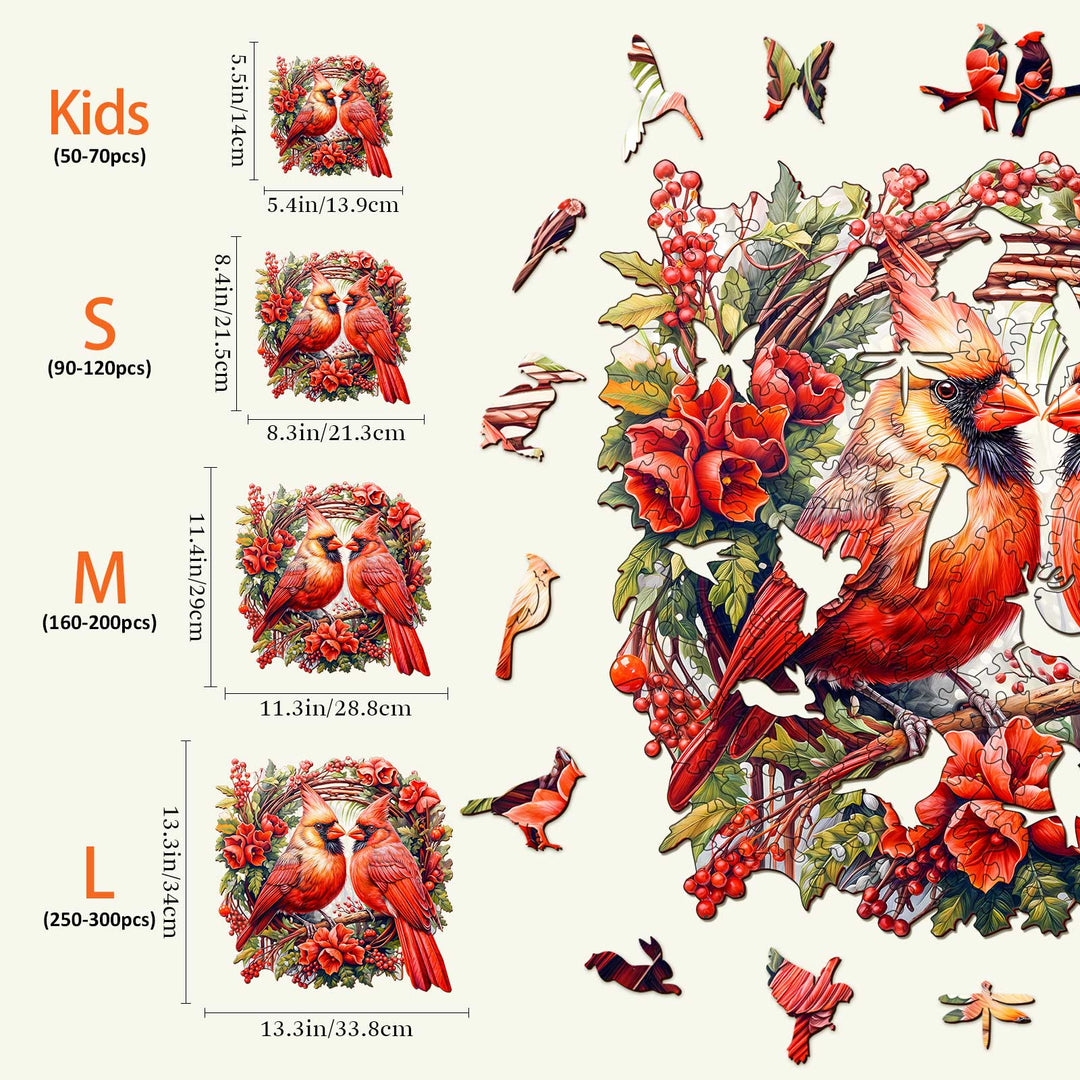 Cardinal Wooden Jigsaw Puzzle sizes and piece counts, ideal for enhancing focus and cognitive skills during play.