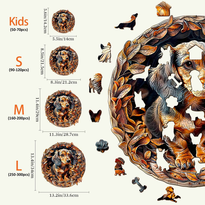3D Dachshund-2 wooden jigsaw puzzle sizes comparison: Kids, S, M, and L with piece count and dimensions