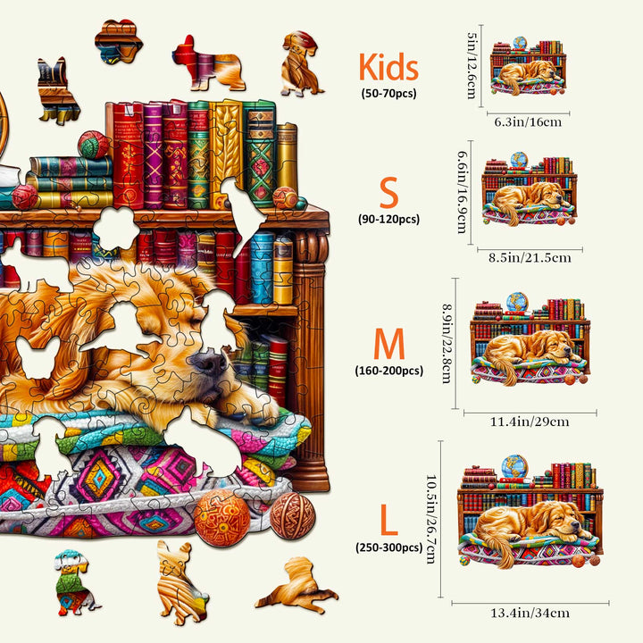 Sleeping Golden Retriever wooden jigsaw puzzle sizes and piece counts, perfect for family fun and brain games.