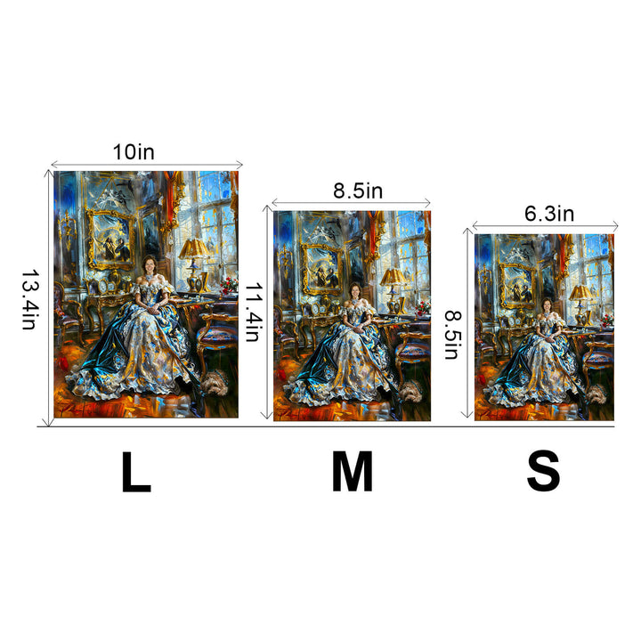 Different sizes of a beautiful artwork featuring a lady in a luxurious dress, showcased in three dimensions.