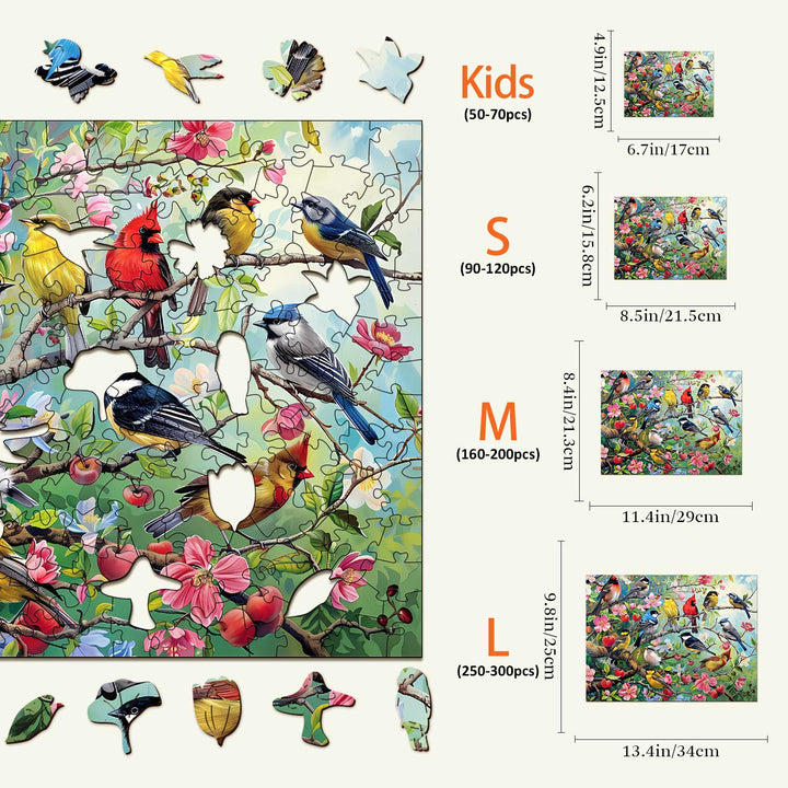 Colorful Birds in the Orchard Wooden Jigsaw Puzzle with size options for kids and adults, enhancing focus and fun.