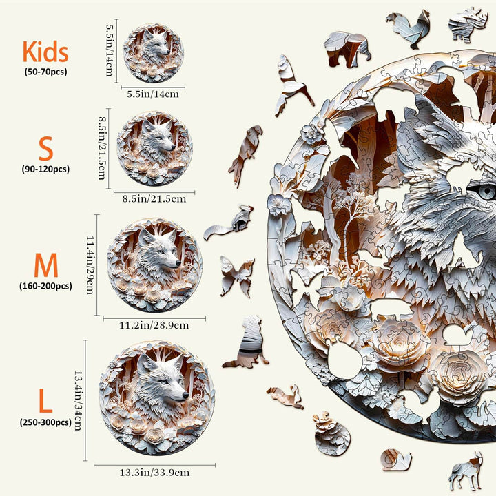 Sizes of 3D Wolf-1 Wooden Jigsaw Puzzle: Kids, S, M, and L with piece counts and dimensions displayed.