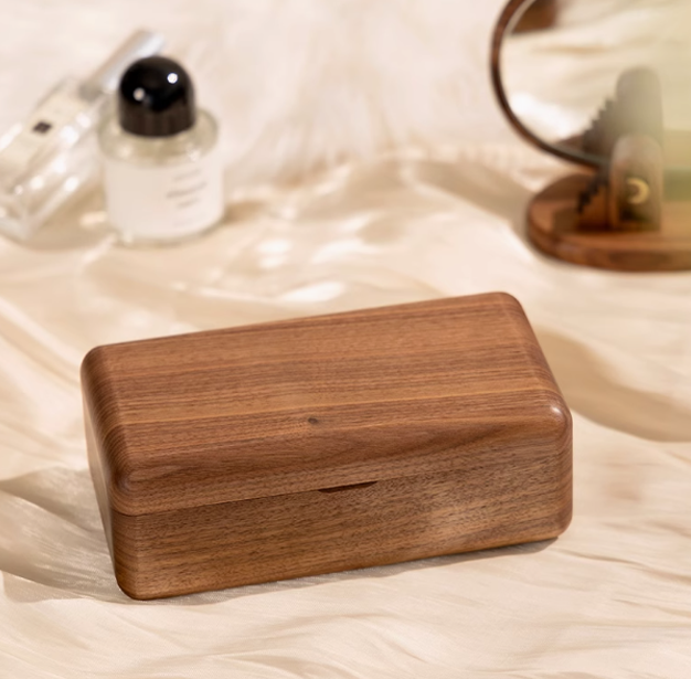Elegant wooden double-layer jewelry box with a natural wood grain design, perfect for organizing rings, necklaces, and watches.