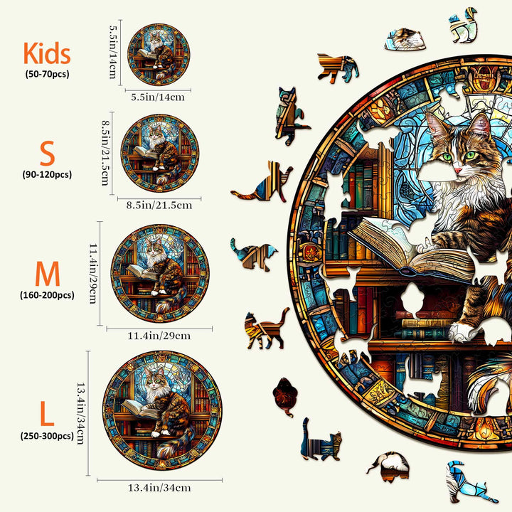 Maine Cat Library wooden jigsaw puzzle sizes for kids and adults, featuring a cat with a book and colorful library background.