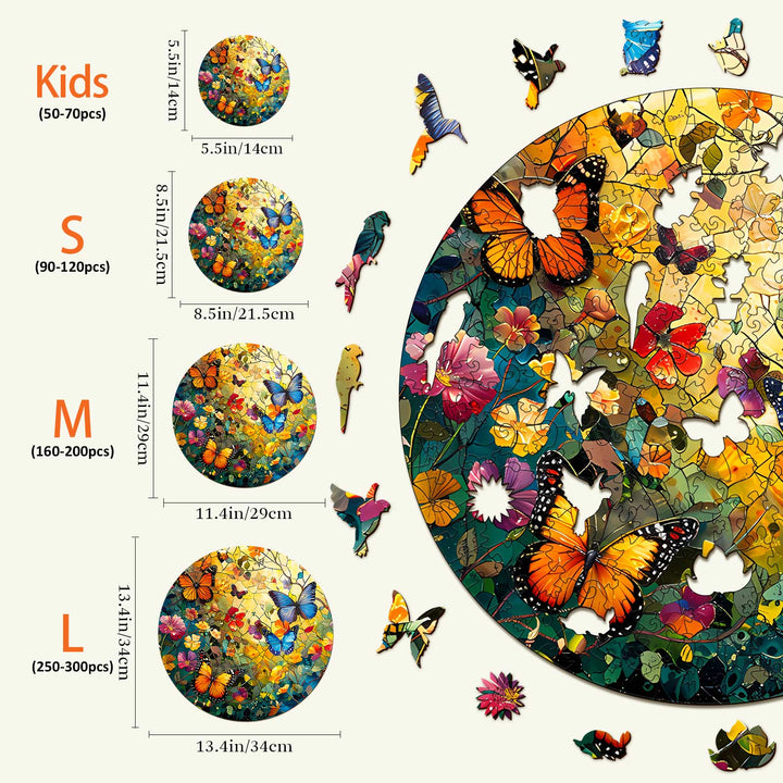 Butterflies and Flowers Wooden Jigsaw Puzzle sizes for Kids, Small, Medium, and Large with colorful butterfly designs.