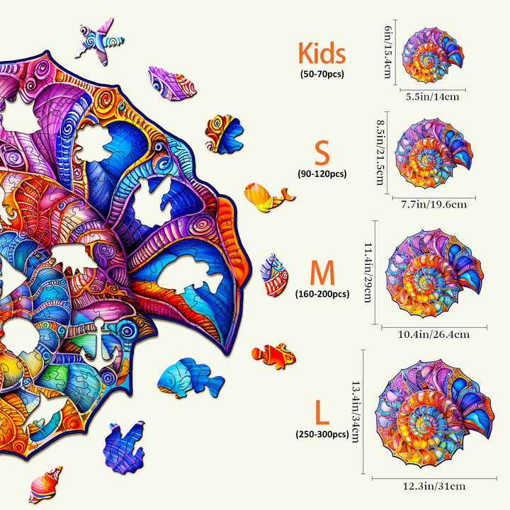 Colorful Nautilus wooden jigsaw puzzle sizes illustration for kids and adults, showcasing vibrant designs and piece counts.