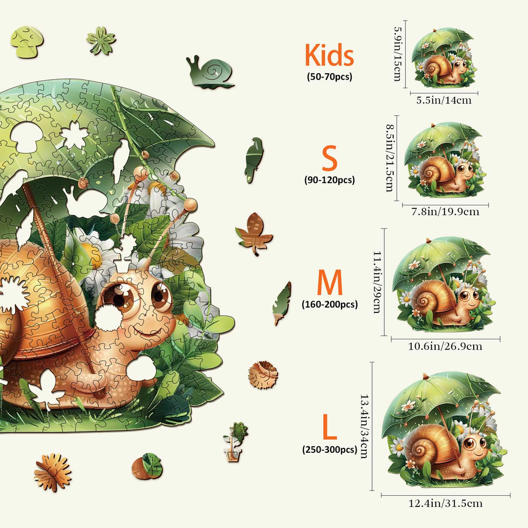 Leisurely Snail Wooden Jigsaw Puzzle featuring different sizes for kids and adults surrounded by leaves and woodland elements.