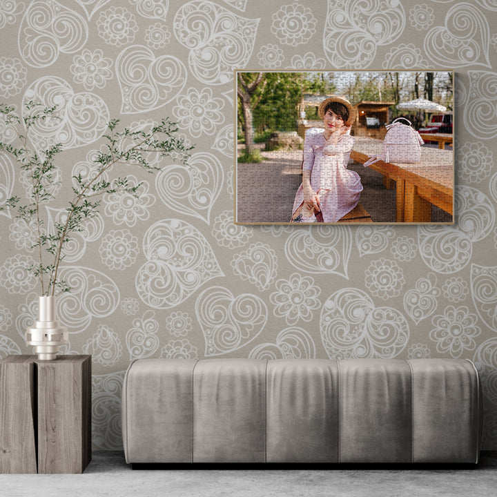 Personalized photo puzzle displayed in a modern living room setting, showcasing a joyful moment.