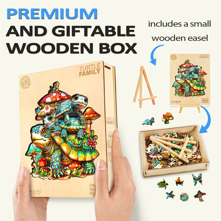 Turtle Family Wooden Jigsaw Puzzle in a premium wooden box with small easel, perfect for gifting and marine life lovers.