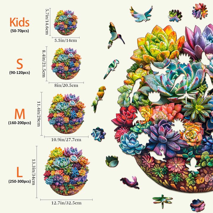 Colorful succulent in pot wooden jigsaw puzzle, available in various sizes: Kids, S, M, and L for mind-engaging fun.