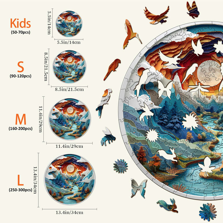 3D vision inside the cave-3 wooden jigsaw puzzle sizes comparison for kids and adults, showcasing various piece counts.