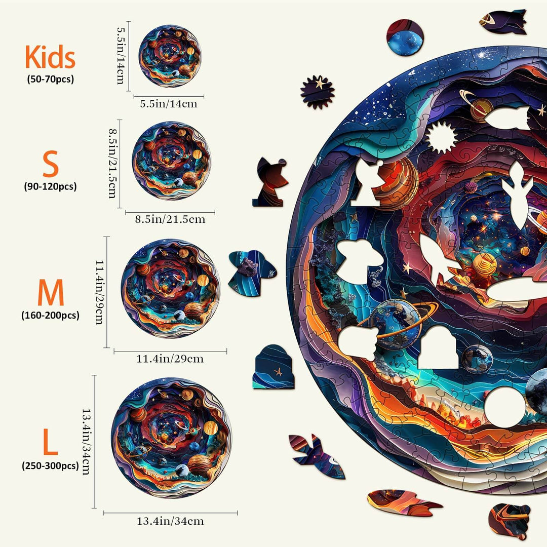 Colorful 3D Universe wooden jigsaw puzzle with various sizes indicated for Kids, S, M, and L with cosmic design.