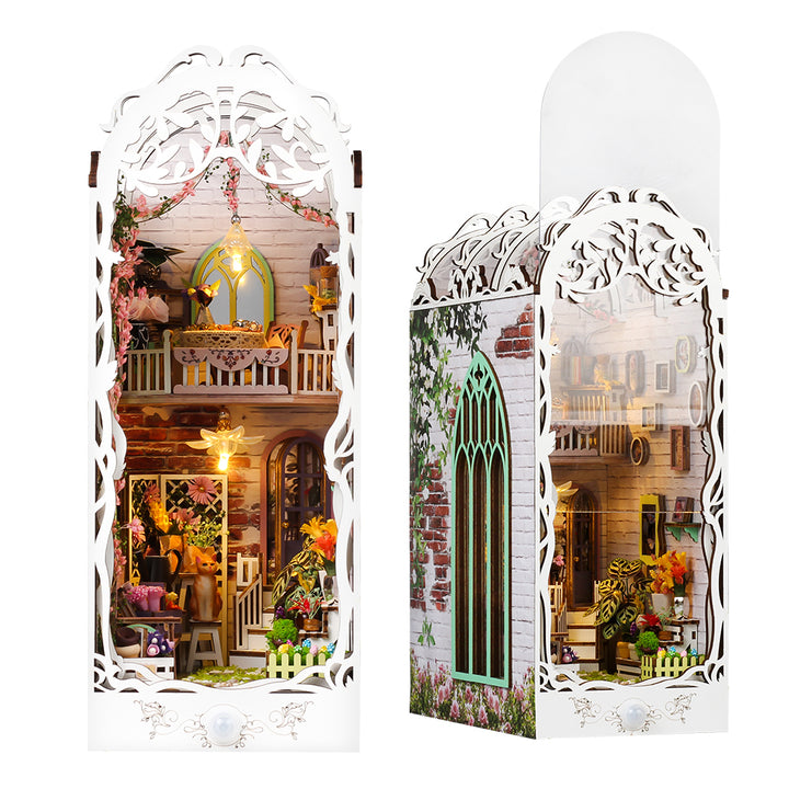Flower House DIY Book Nook Kit 3D wooden puzzle featuring intricate European design and musical decor.
