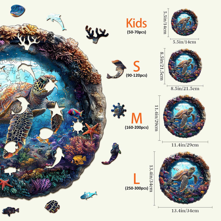 3D Turtle Wooden Jigsaw Puzzle showing puzzle pieces sizes for Kids, S, M, and L with detailed coral reef background.