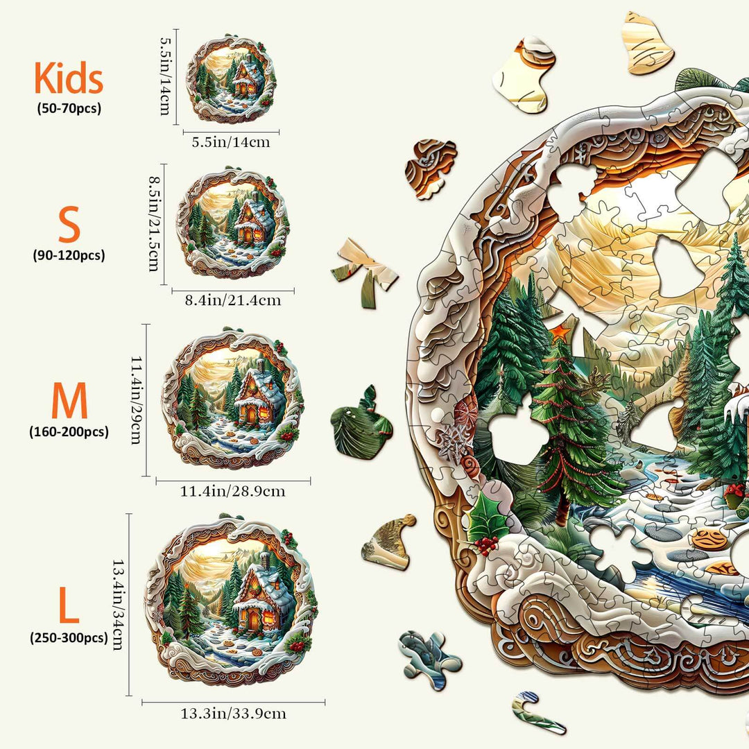 3D Christmas House-1 wooden jigsaw puzzle sizes for kids and adults, showing piece dimensions and colorful image of winter scene.