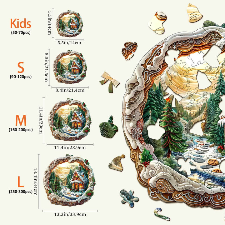 3D Christmas House-1 wooden jigsaw puzzle sizes for kids and adults, showing piece dimensions and colorful image of winter scene.