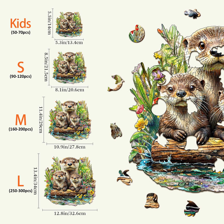 Otter Wooden Jigsaw Puzzle size options for Kids, S, M, and L, featuring adorable otters and nature scenery.