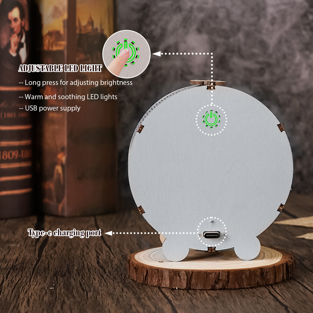 Back view of adjustable LED light with Type-C charging port, showcasing wooden design and brightness controls.