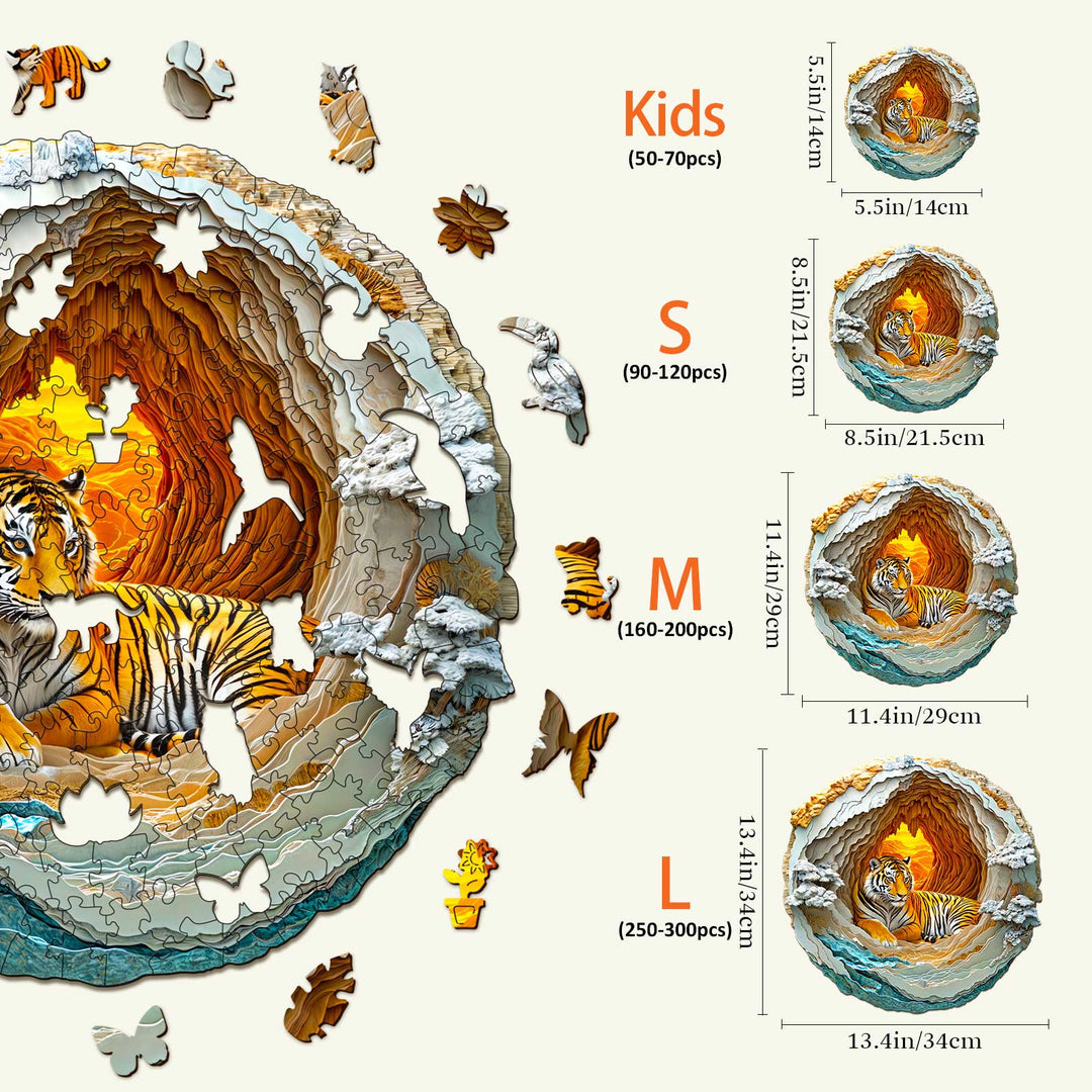 3D Tiger Wooden Jigsaw Puzzle sizes: Kids, S, M, L with piece counts and dimensions displayed for puzzle enthusiasts.