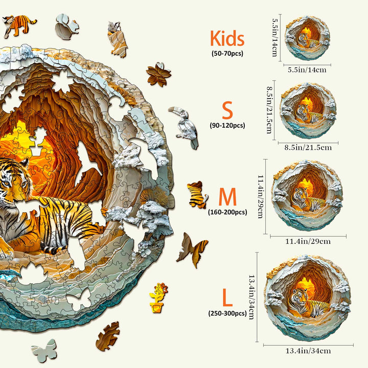 3D Tiger Wooden Jigsaw Puzzle sizes: Kids, S, M, L with piece counts and dimensions displayed for puzzle enthusiasts.