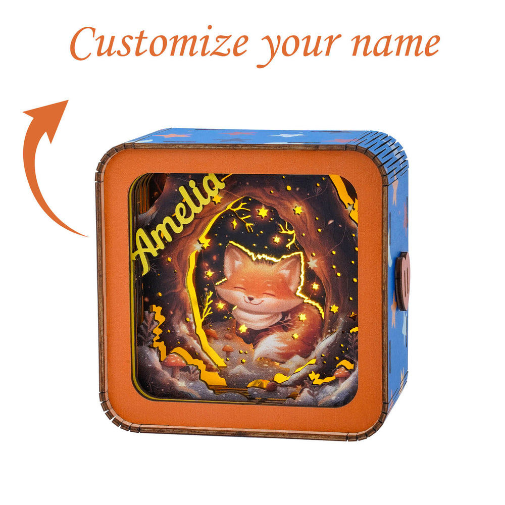 Personalized 3D wooden puzzle night light featuring a cute fox design and customizable name. Perfect for home decoration.