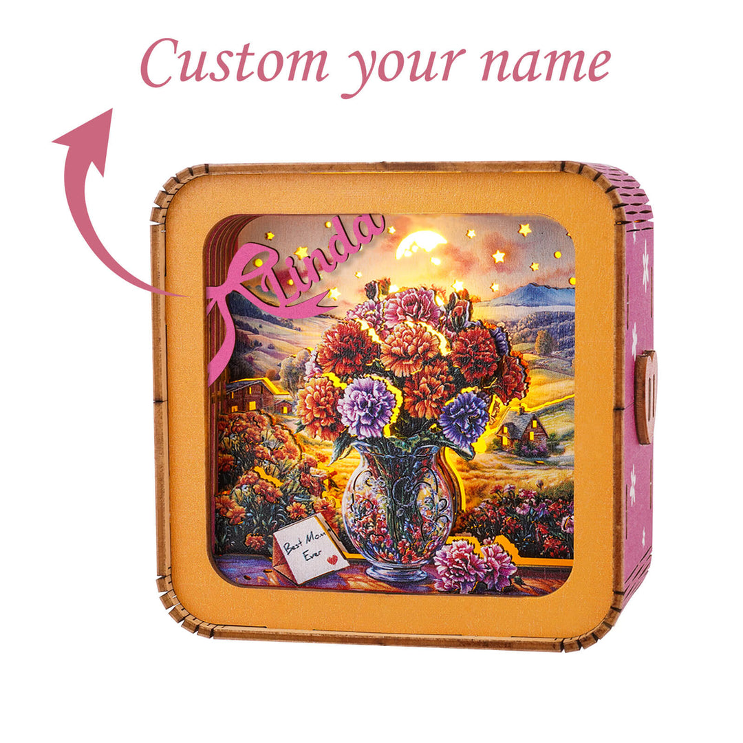 Personalized 3D wooden puzzle night light featuring colorful flowers and the name Linda customized on top.