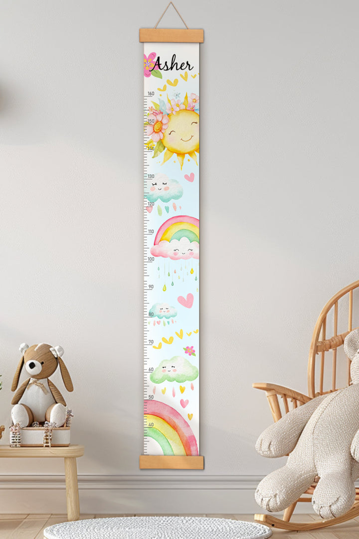 Règle de hauteur personnalisée en toile suspendue avec soleil et arc-en-ciel