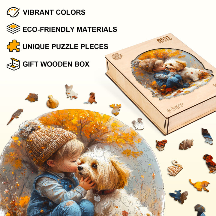 Vibrant Best Friend Wooden Jigsaw Puzzle with eco-friendly materials and unique pieces in a gift box.