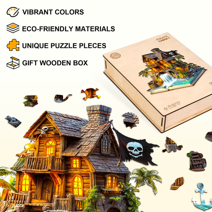 Pirate cabin-1 wooden jigsaw puzzle with vibrant colors, eco-friendly materials, and unique pieces in gift box.