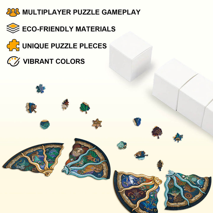 Colorful Zodiac Horoscope puzzle pieces showcasing unique designs and eco-friendly materials for multiplayer gameplay.