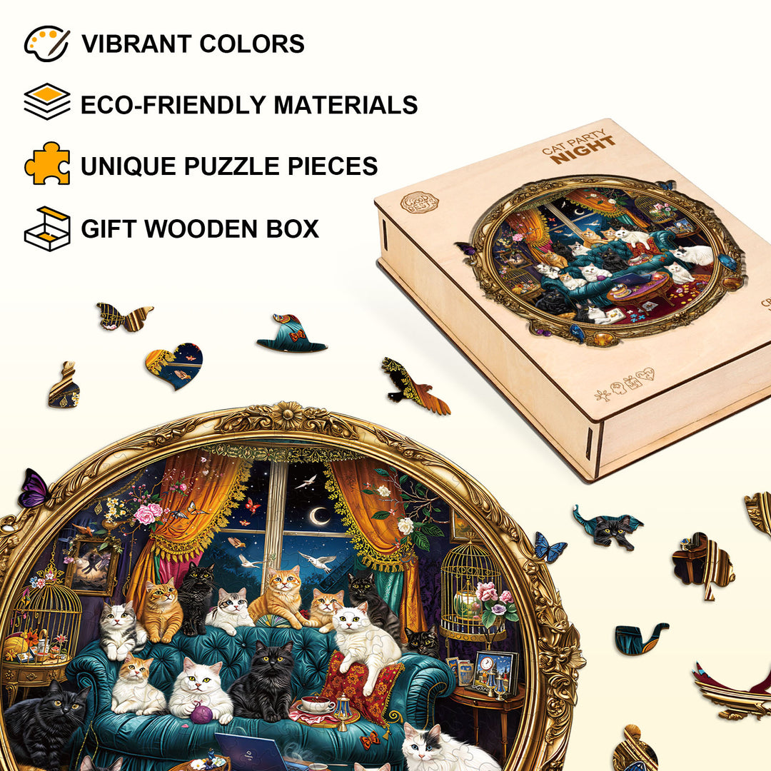 Cat Party Night Wooden Jigsaw Puzzle