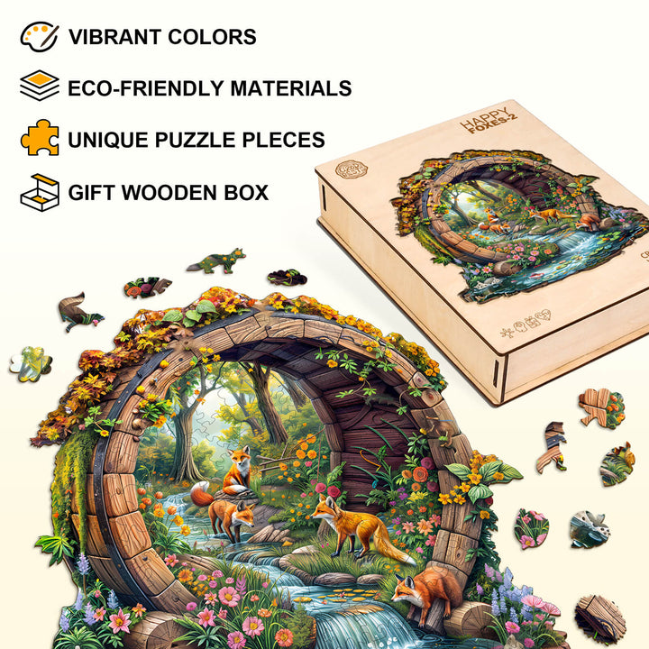 Happy foxes-2 wooden jigsaw puzzle featuring vibrant colors and eco-friendly materials in a gift box.