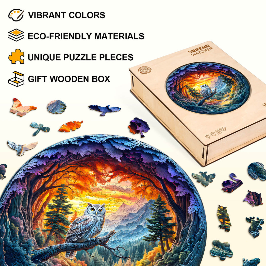 Serene Watcher wooden jigsaw puzzle featuring vibrant colors, eco-friendly materials, and unique pieces in a gift box.