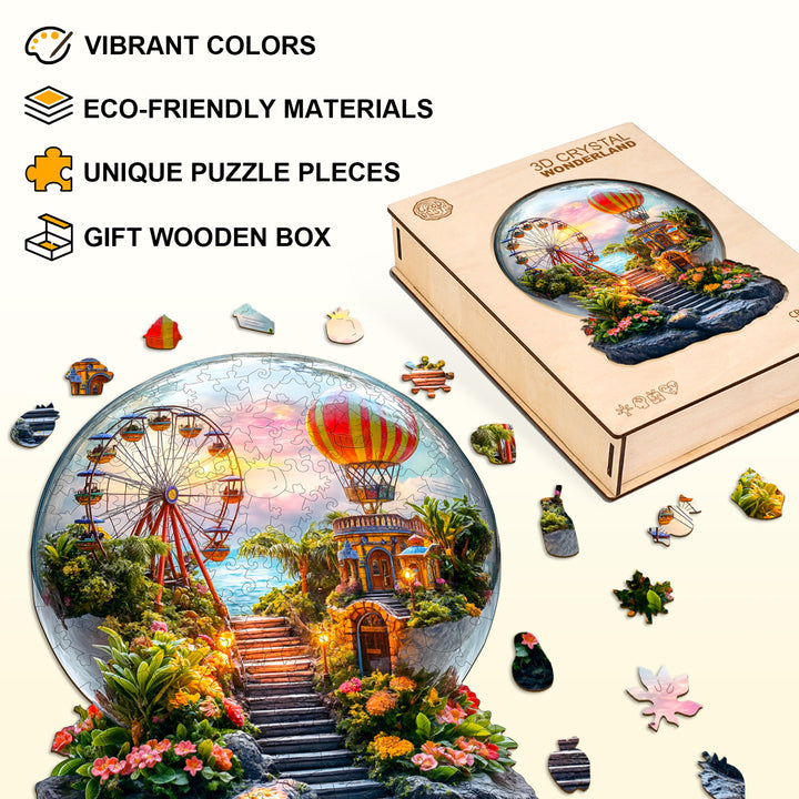 3D Crystal Wonderland wooden jigsaw puzzle featuring vibrant colors, unique pieces, and eco-friendly materials in gift box.