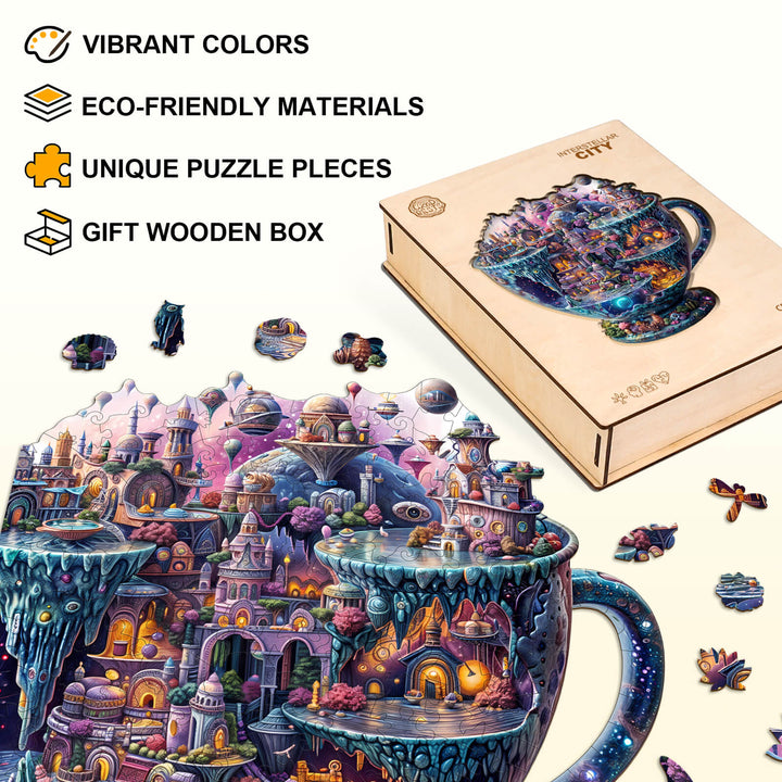 Colorful Interstellar City wooden jigsaw puzzle pieces with eco-friendly materials and gift box design.