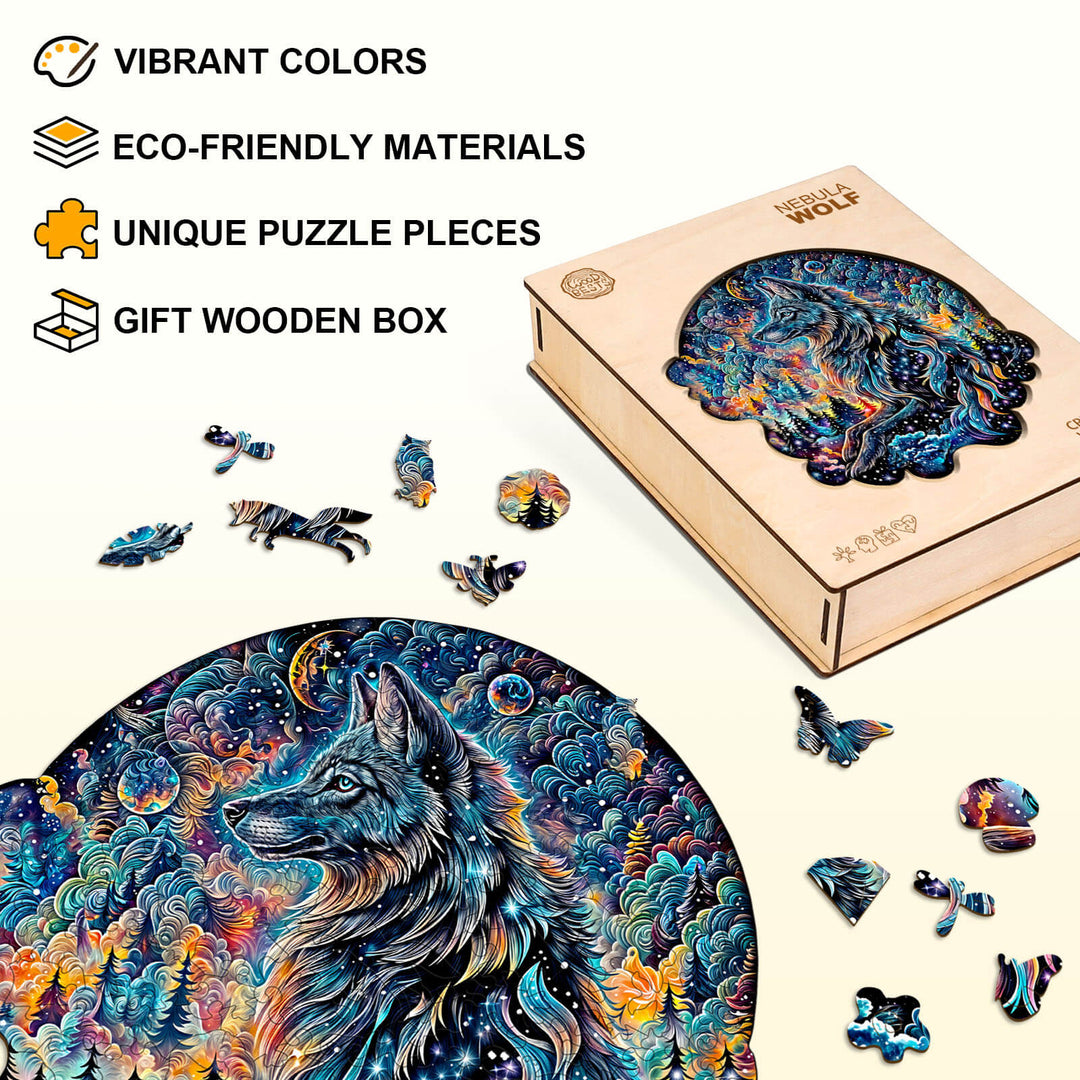 Nebula Wolf wooden jigsaw puzzle with vibrant colors and unique pieces in an eco-friendly gift box.