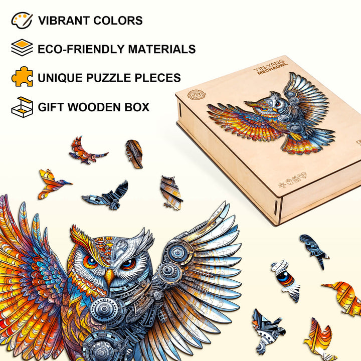 Yin-Yang MechaOwl wooden jigsaw puzzle featuring vibrant colors, eco-friendly materials, and unique puzzle pieces in a gift box.