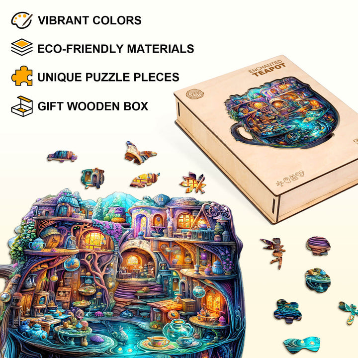 Enchanted Teapot wooden jigsaw puzzle with vibrant colors, eco-friendly materials, and unique pieces in a gift box.